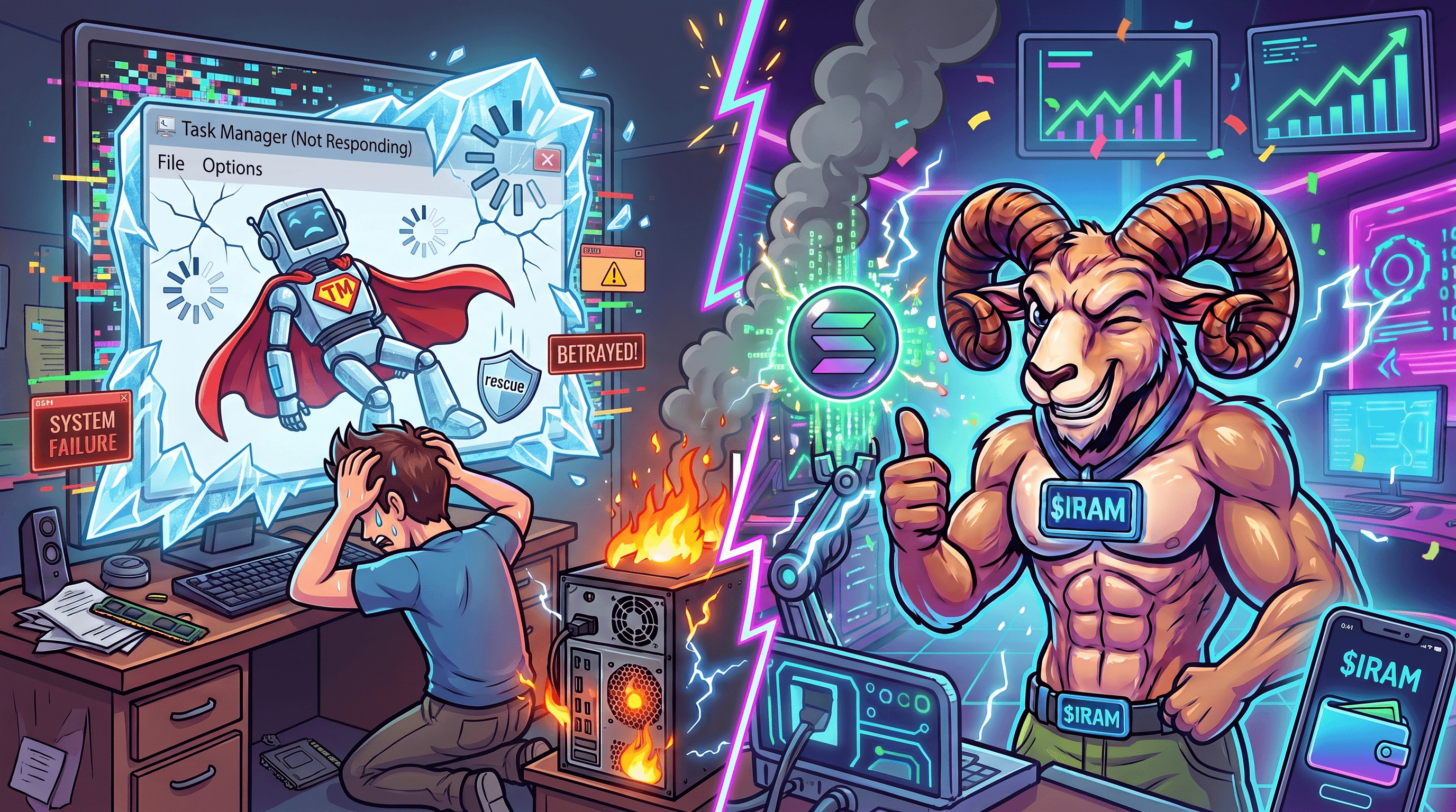 Gamer crying cartoon tears while Task Manager shows Not Responding error